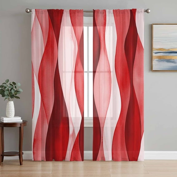 Red Striped Semi Sheer Curtains 84 Inch Length 2 Panels Set, Modern Gradient Geometric Ripple Stripes Sheer Kitchen Curtain Privacy Voile Window Curtain for Living Room Bedroom Rod Pocket Drapes