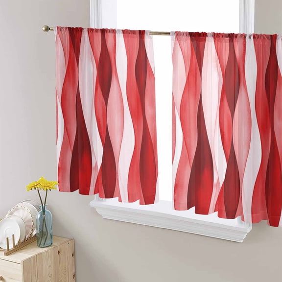 Red Striped Sheer Curtains 45 Inch Length 2 Panels Set for Living Room/Bedroom, Modern Gradient Geometric Ripple Stripes Curtain Sheers Drapes Rod Pocket Curtains Window Treatment Set 52''x45''x2