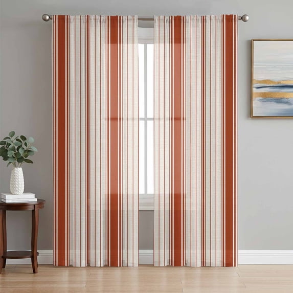Red Striped Sheer Curtains 63 Inch Length 2 Panels Set, Modern Minimalist Stripes Farmhouse Voile Window Treatment Rod Pocket Curtains Sheers Drapes for Bedroom/Living Room/Kitchen 52x"63"x2