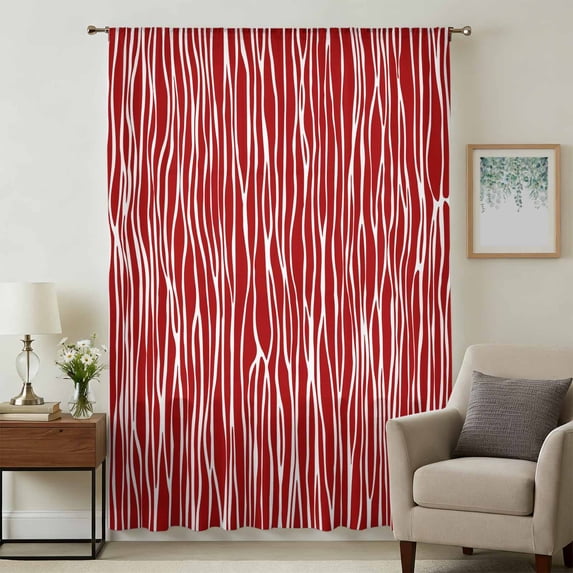 Red Striped Sheer Curtains 72 Inches Long, Classic Minimalist Waves Lines Pattern Light Filering Curtains, Breathable Simi Curtain Privacy Drapes for Living Room Bedroom Lightweight Window Treatment