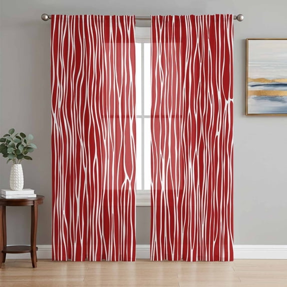 Red Striped Sheer Curtains 96 Inch Length 2 Panels Set Window Treatments, Classic Minimalist Waves Lines Pattern Rod Pocket Semi Curtains for Living Room/Bedroom/Kitchen Décor, 104"W x 96"L