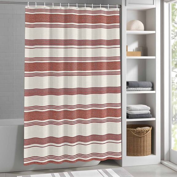 Red Striped Shower Curtain for Bathroom, Minimalist Horizontal Stripes Lines Fabric Shower Curtain Set with Hooks, Waterproof Washable Bath Curtain for Bathroom Decor 36"x72"