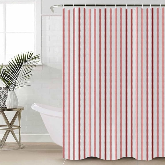 Red Striped Shower Curtain Set Hooks, Red White Stripes Farmhouse Waterproof Fabric Stall Shower Curtains for Bathroom and Bathtub Décor, Machine washable 60"W x 72"L (Pack of 1)