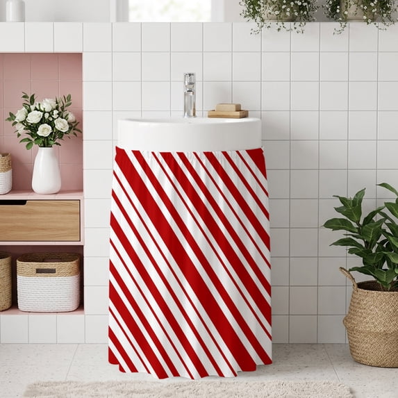 Red Striped Small Sink Skirt, Bathroom Vanity Cabinet Adhesive Curtain, Modern Geometric Minimalist Lines Utility Under Sink Cover Decorative Kitchen Cabinet Curtains 10"x11"