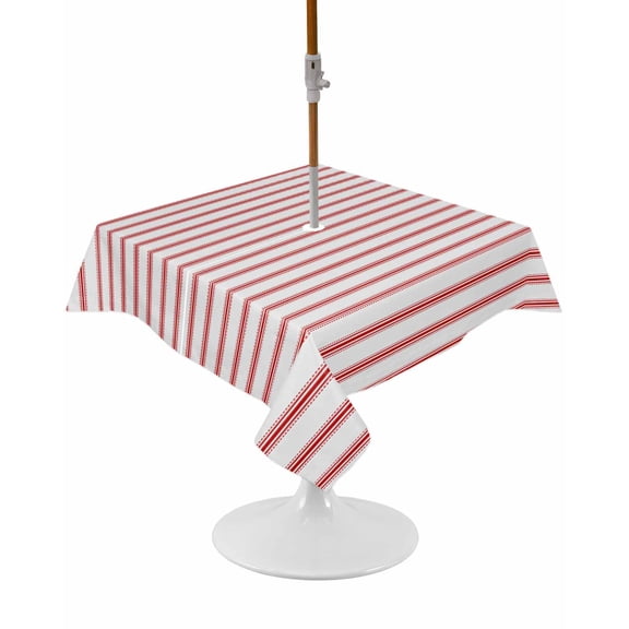 Red Striped Square Outdoor Tablecloth, Waterproof Table Cloth Cover with Umbrella Hole and Zipper, Red White Stripes Farmhouse Table Protector for Patio Party Picnic 54"x54"