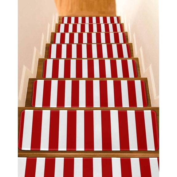 Red Striped Stair Treads Non Slip Runners Rugs, 4 Pcs Carpet for Stairs with Adhesive, Christmas Farmhouse Red White Stripes Stair Mats Pads Indoor Stair Treads for Wooden Steps 8"x30"