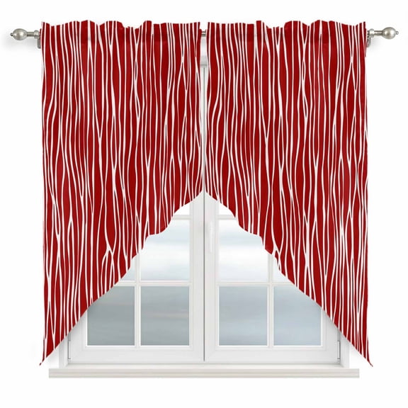 Red Striped Swag Valances for Windows, Kitchen Curtains 36 Inch Length 2 Panels Set, Classic Minimalist Waves Lines Pattern Short Curtains for Small Windows Rod Pocket Cafe Curtains Drapes 28"x36"