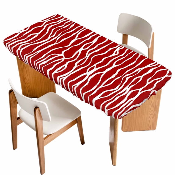 Red Striped Table Cloths for 3 Foot Rectangle Tables, Classic Minimalist Waves Lines Pattern Patio Waterproof Elastic Fitted Tablecloths, Washable Rectangular Table Cover for Camping