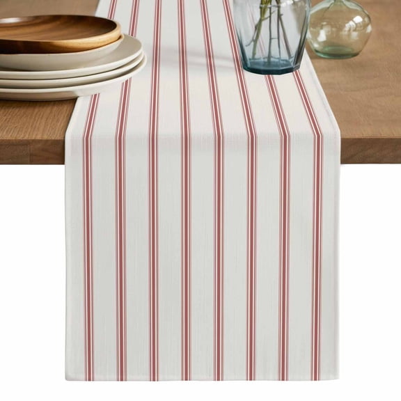 Red Striped Table Runner, Rustic Red Stripe Modern Art Beige Washable Cotton Linen Table Runners 36 Inches Long, Dresser Scarf Runner for Nightstand/End Tables/Round Tables 13''x36''