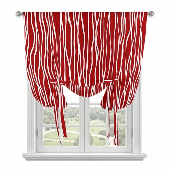 Red Striped Tie Up Curtains for Windows, Adjustable Balloon Window Shades, Classic Minimalist Waves Lines Pattern Kitchen Window Treatments Adjustable Roll Up Curtain for Basement/Nursery 52"x45"