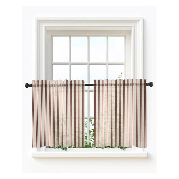 Red Striped Tier Curtains 24 Inch Length,Sheer Curtains for Bedroom Living Room Vintage Farmhouse Minimalist Vertical Lines Short Kitchen Curtains Drapes for Small Half Window 27.5"x24" 2 Panels