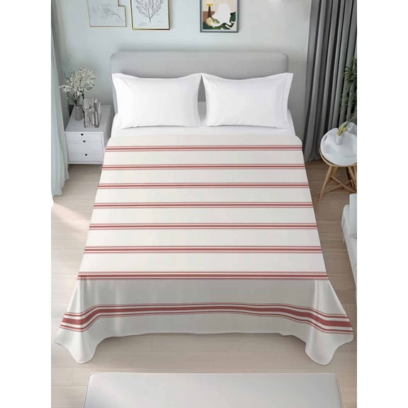 Red Striped Twim Size Flat Sheet, Wrinkleproof & Fadeproof Cooling Flat Bed Sheet Only, Rustic Red Stripe Modern Art Beige Breathable Soft Bedding Top Sheets 66 x 96 Inches