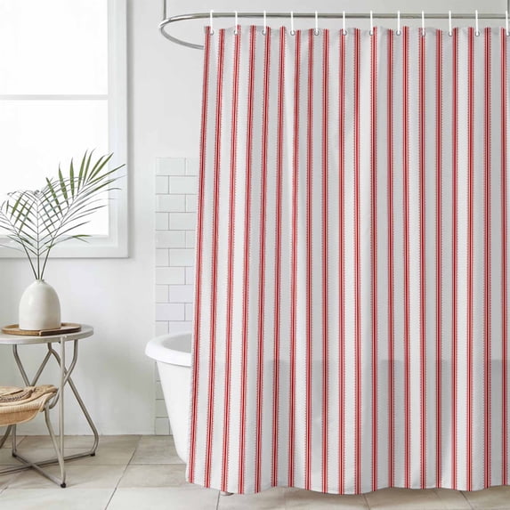 Red Striped Waterproof Shower Curtain, Large 72"x78" Washable Polyester Fabric Shower Curtains for Bathroom, Red White Stripes Farmhouse Decorative Bathtub Curtain Sets with Hooks
