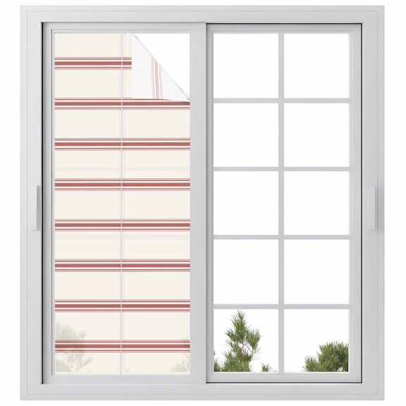 Red Striped Window Privacy Film, Rustic Red Stripe Modern Art Beige Static Cling UV Sun Blocking Heat Control Window Tint Day and Night, Non-Adhesive One Way Windows Privacy Cover 23.6''x59''