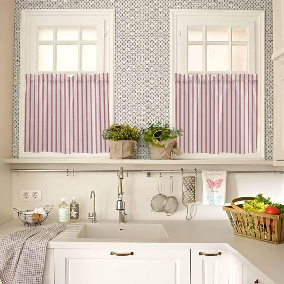 Red Striped Window Tier Curtains 24 Inch Length, Farmhouse Modern Red Stripes Rod Pocket Kitchen Window Treatments Drapes for Bedroom, Cafe, Living Room, 2 Panels, 27.5 W x 24 L