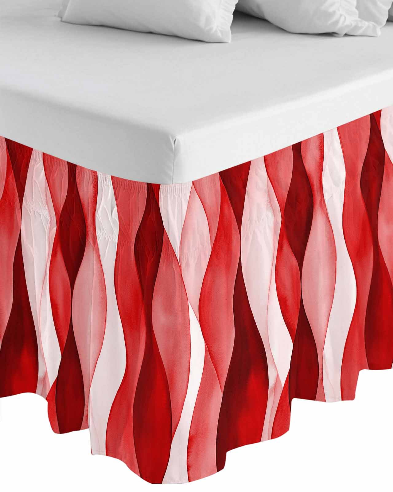 Red Striped Wrap Around Bed Skirts for Queen Bed 16" Drop,Bed Skirt with Adjustable Elastic Belt Dust Ruffle Bed Valance for Bedroom Hotel Modern Gradient Geometric Ripple Stripes Bed Frame Cover