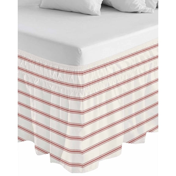 Red Striped Wrap Around Bed Skirts for Queen Bed 18" Drop, Bed Skirt with Adjustable Elastic Belt Dust Ruffle Bed Valance for Bedroom Hotel Luxury Rustic Red Stripe Modern Art Beige Bed Frame Cover