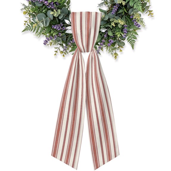 Red Striped Wreath Sash for Front Door, Minimalist Horizontal Stripes Lines Satin Wreath Ribbon Bow Accessory Garland Home Decor for Doorway Porch Yard 4.5x56