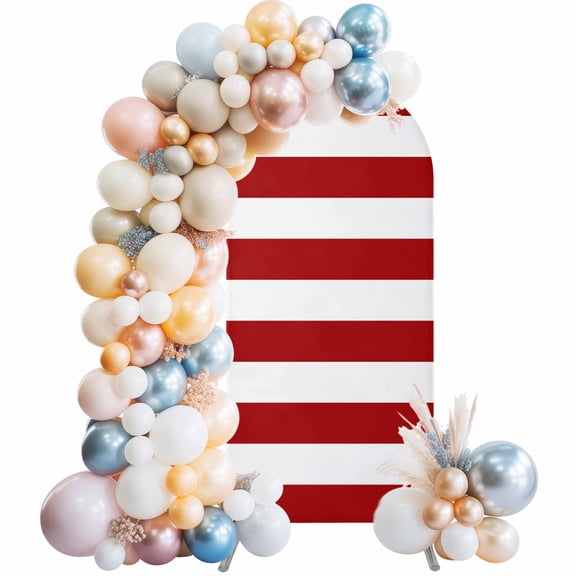 Red Stripes Arch Backdrop Cover, Spandex Fitted Wedding Arch Cover, Simple Red White Texture Round Top Stand Covers for Birthday Ceremony Bridal Shower Party Decor 4x1.65 Ft