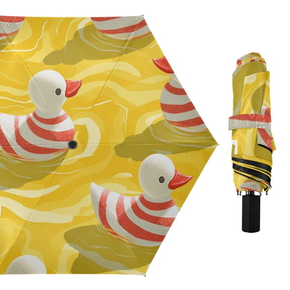 Red Stripes Duckies Swimming All Weather Umbrella Triple Folding Parasol 6 Ribs UV Protection Portable