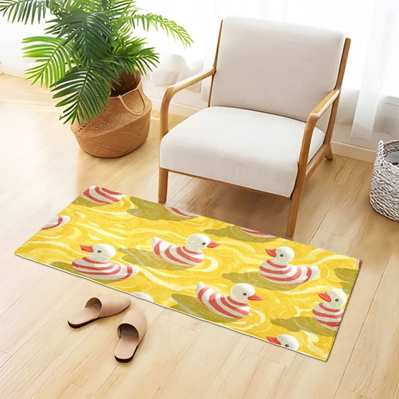 Red Stripes Duckies Swimming Plush Carpet Non Slip Runner Rug Absorbent Bath Mat 39" x 20"