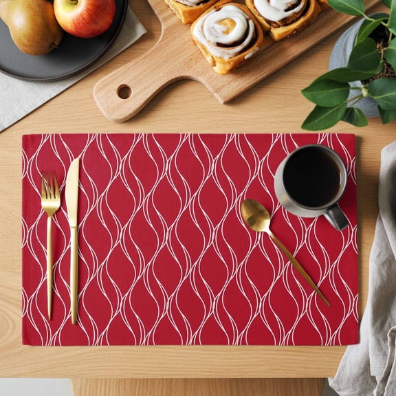 Red Stripes Line Placemats Set of 1, Country Abstract Art Waves Striped Classic Heat Insulated Linen Place Mats, Washable Stain-Proof Table Mats for Dining Tables Holiday Decor 13x19 Inches