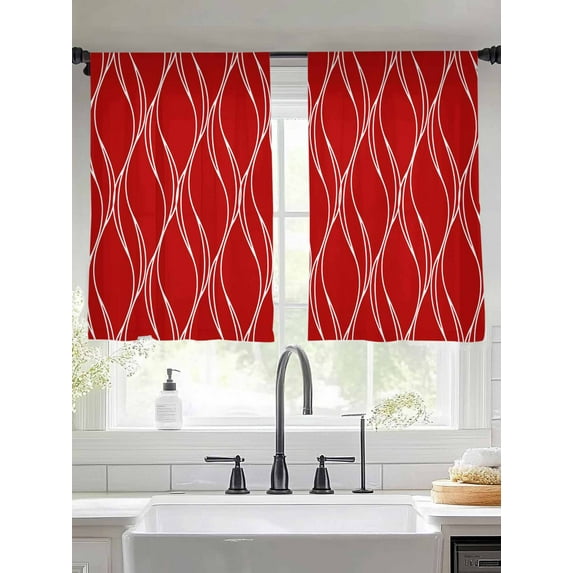 Red Stripes Lines Sheer Curtains 54 Inches Long 2 Panels Abstract Waves Striped Classic Light Filtering Semi Sheer Window Curtains Drapes for Bedroom Living Room 52"x54"