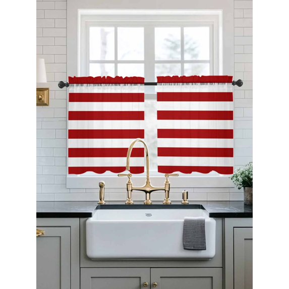 Red Stripes Sheer Kitchen Tier Curtains 24 Inch length, Rod Pocket Half Curtains Short Drapes, Simple Red White Texture Light Filtering Chiffon Small Window Treatments 2 Panels 27.5"W x 24"L