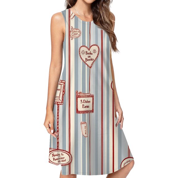 Red Stripes With Book Emblems Dress Loose Women'S Dress Beach Dresses With Pockets Dresses For Womens
