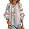 thumbnail image 1 of Red Stripes With Book Emblems Women's V-Neck Blouse With 3/4 Ruffled Bell Sleeves Casual Top Ladies Blouses, 1 of 7