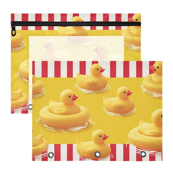 Red Stripes Yellow Rubber Duck Swim 3-Ring Binder Pouches A4 Size Zipper Pocket File Storage 2 Packs