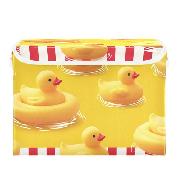 Red Stripes Yellow Rubber Duck Swim Foldable Storage Bin with Lid and Handle Collapsible Storage Box 16.5 x 12.6 x 11.8 inches