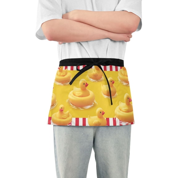 Red Stripes Yellow Rubber Duck Swim Short Server Apron with 3 Pockets for Unisex Chef Gardening