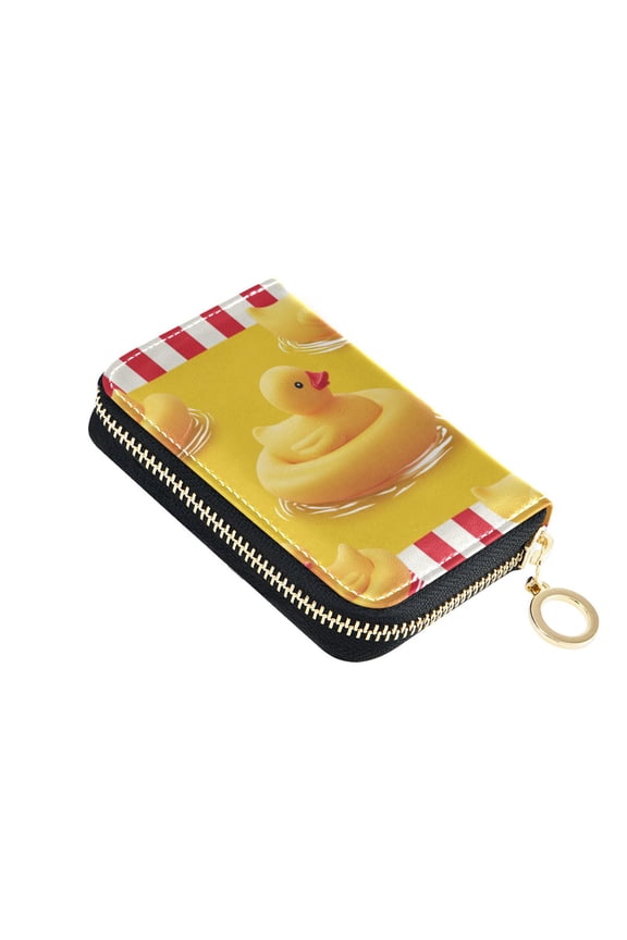 Red Stripes Yellow Rubber Duck Swim Women's Credit Card Holder PU Leather Zipper Wallet RFID Blocking