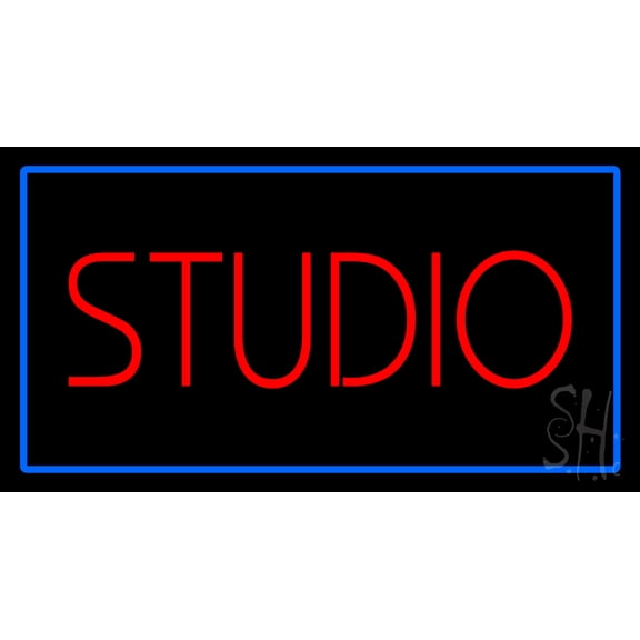 Red Studio Blue Rectangle LED Neon Sign 13 x 24 - inches, Black Square Cut Acrylic Backing, with Dimmer - Bright and Premium built indoor LED Neon Sign for art gallery, and exhibition.