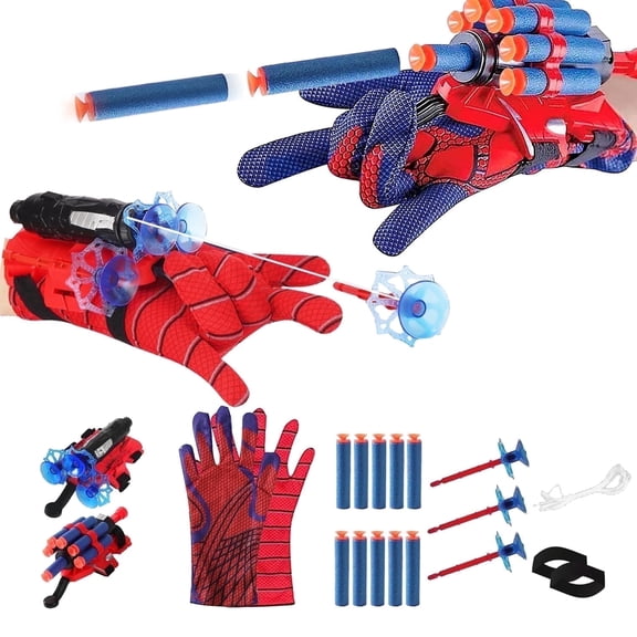 Red Style Spider Web & Soft Missile Launcher Toy 2 Pcs Set, Superhero Fans Webs Shooter for Kids, Cosplay Launcher Gloves with Wrist Toy Set