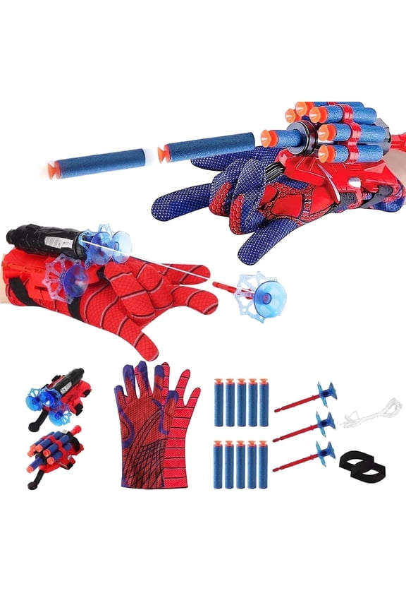 Red Style Spider Web & Soft Missile Launcher Toy 2 Pcs Set, Superhero Fans Webs Shooter for Kids, Cosplay Launcher Gloves with Wrist Toy Set
