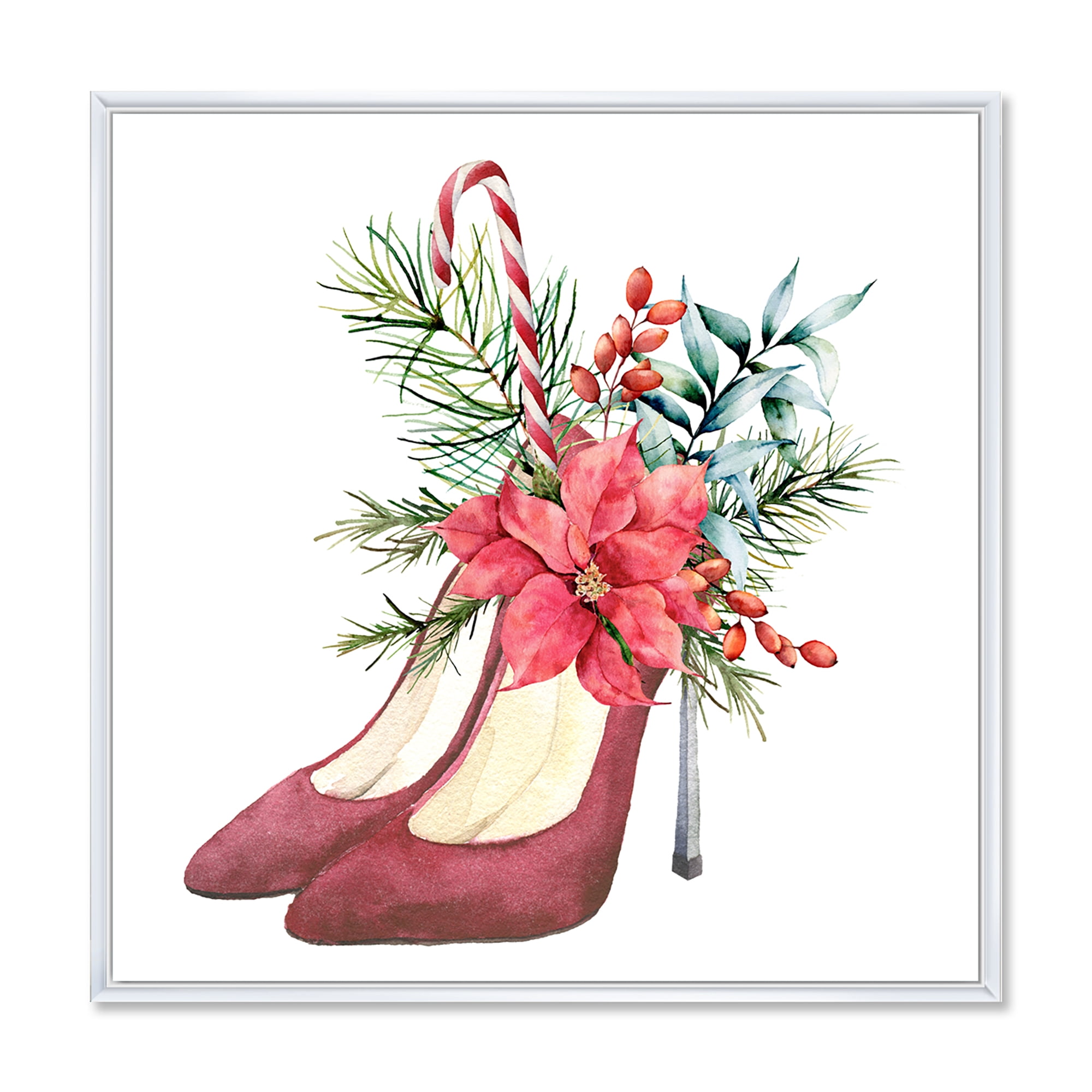 Red Suede Heeled Shoes With Christmas Red Floral Decor 30 in x 30 in Framed Painting Canvas Art Print, by Designart