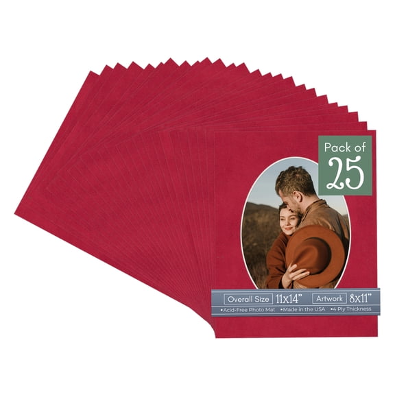 Red Suede Picture Frame Mat for 11x14 Frames - Oval Opening for 8x11 Photos - 25 Mats