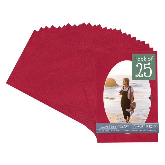 Red Suede Picture Frame Mat for 12x18 Frames - Oval Opening for 10x15 Photos - 25 Mats
