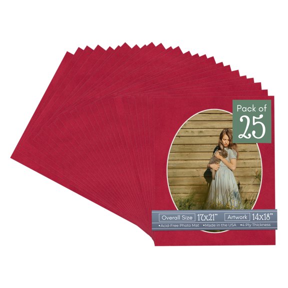 Red Suede Picture Frame Mat for 17x21 Frames - Oval Opening for 14x18 Photos - 25 Mats