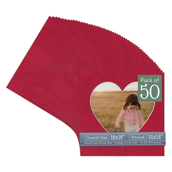 Red Suede Picture Frame Mat for 18x18 Frames - Heart Opening for 14x14 Photos - 50 Mats