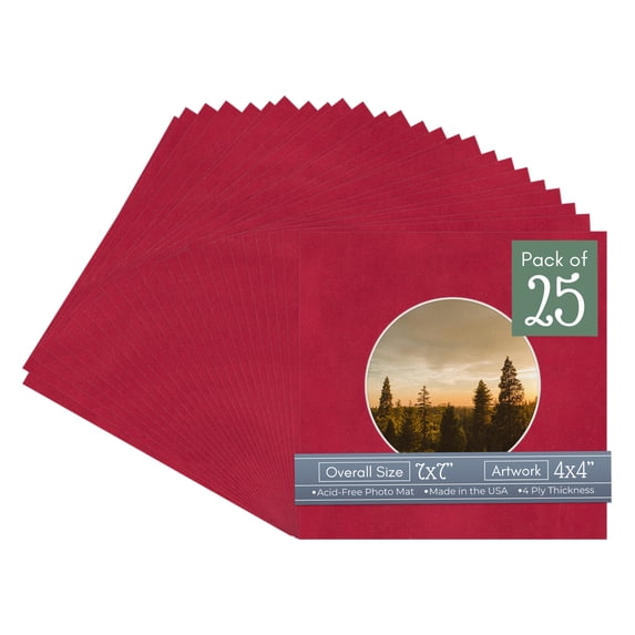 Red Suede Picture Frame Mat for 7x7 Frames - Circle Opening for 4x4 Photos - 25 Mats