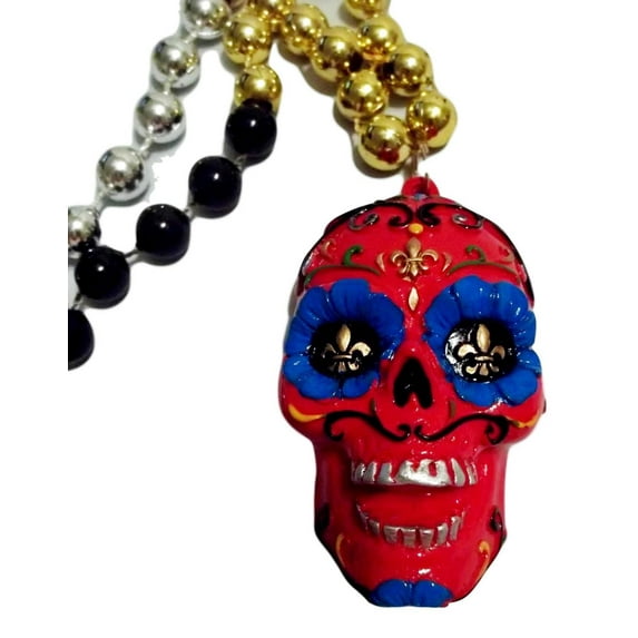 Red Sugar Skull Day of the Dead Mardi Gras Beads Party Favor Necklace