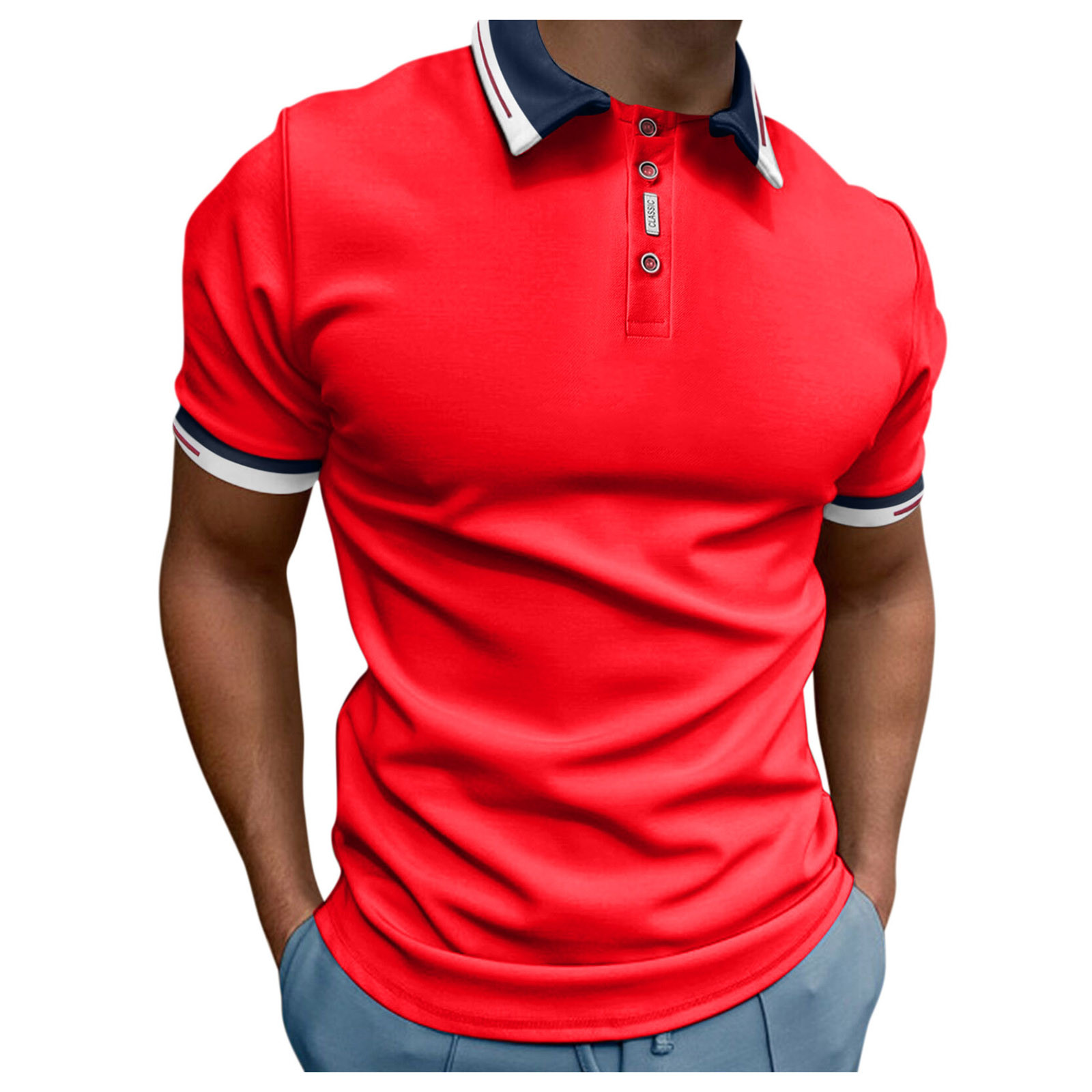 Red Summer Short Sleeve Going Out Polo Shirts Men Casual Soild Button ...