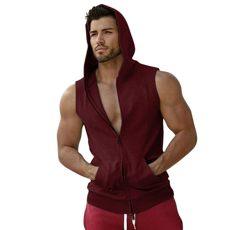 Red Summer Sleeveless Workout Athletic Tank Tops Men s Casual Fitness Hooded Double Zipper Vest Blouse Top Walmart
