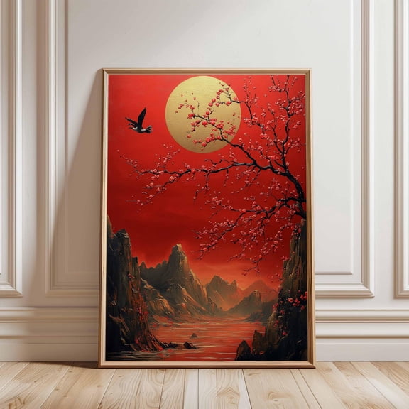 Red Sun Blossom Landscape Poster Asian Mountain Wall Art Vertical Nature Print For Living