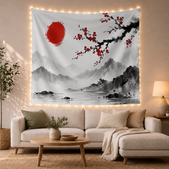 Red Sun and Blossoms Over Misty Mountains, Serene Japanese Inspired for Nature Lovers Art Decor Print, Housewarming Gift Tapestry Wall Hanging for Living Room and Study Room