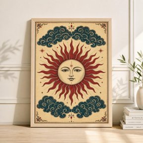 Red Sun Face Poster, Vintage Boho Celestial Wall Art, Folk Art Sunburst Poster , Poster Print Only