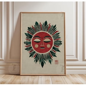 Red Sun Face Wall Art Print With Celestial Boho Spiritual Decor